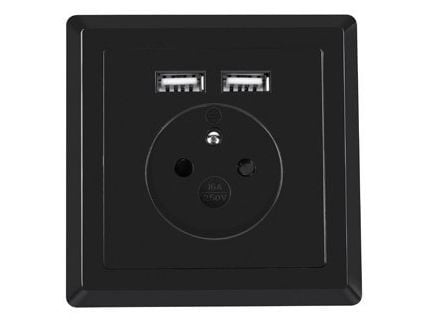 Lanberg - Strømsokkel-pistorasia - 2P+E - Tyyppi E, USB - med lukkere - 1 jengi - 1 strømsokkel, 2 USB-sokler - 2.1 A - grå, sort, RAL 7021