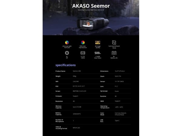 AKASO Akaso Seemor-200 kikkert | nattvisionsbriller | Wi-Fi, AI-ISP, 3250 mAh