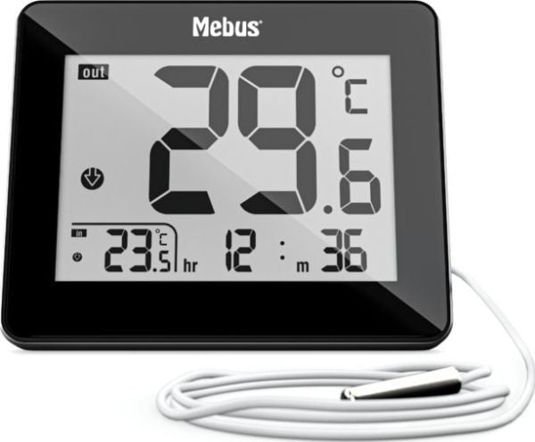Mebus 48432, Elektronisk miljøtermometer, Inne/Ute, F, °C, Digitalt, Svart, Bord