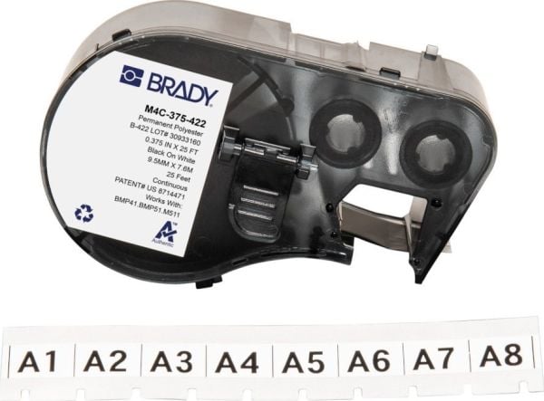 Brady - Polyester - blank - permanent aggressivt akryllim - 4 mille - svart på hvitt - Rull (0,95 cm x 7,6 m) 1 rull(er) kontinuerlig etikettkasset...