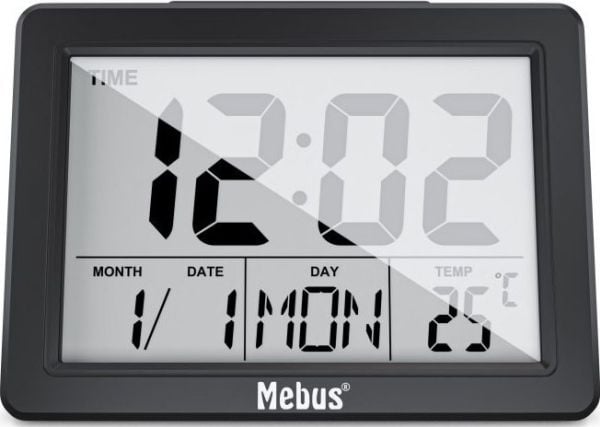 Mebus 25739, Kvarts vekkerklokke, Rektangel, Svart, 12/24h, F, °C, Blå