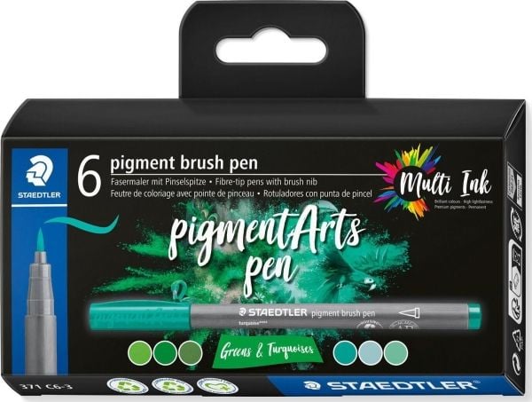 Staedtler Pigment Arts Brush Pen Greens & Turquoises, 6 farger, Grønn, Turkis, Rund, Plast, Polypropylen (PP), Vann-basert blekk, Barn og voksne