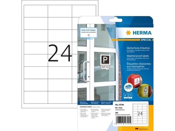 HERMA 10794, Hvit, Rektangel, Permanent, A4, Universell, Papir