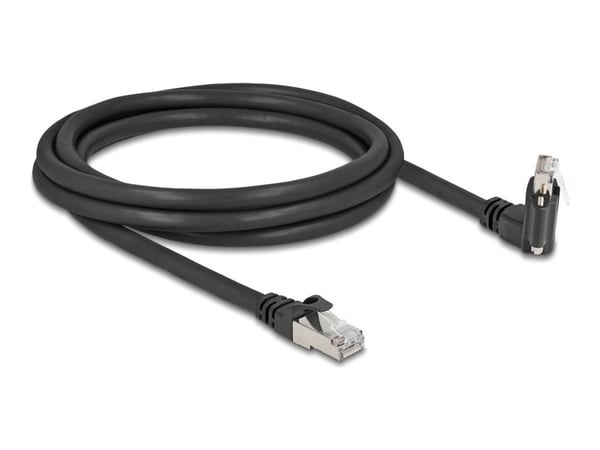 Delock - Nettverkskabel - RJ-45 (hann) rett til RJ-45 (hann) angled, rotating, screwable - 2 m - 7 mm - S/FTP - CAT 6 - uten hindringer, støtte for...