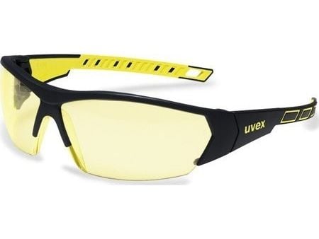 Uvex i-Works vernebriller, gule linser, supravision excellence (ikke-riper/ikke-fett), svarte/gule ben, pakket i detaljhandelseske (1 stk.)