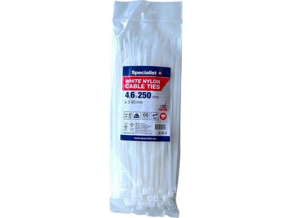 SPECIALIST+ nylon stropp/bånd, hvit, 4,6x250 mm, 100 stk