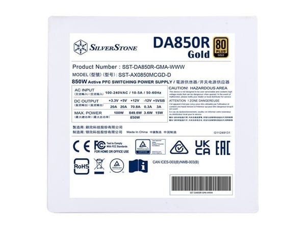 SilverStone DA850R Gold - Strømforsyning (intern) - ATX12V 3.0 - 80 PLUS Gold - AC 90-264 V - 850 watt - aktiv PFC - hvit