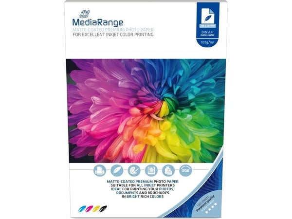 MediaRange MRINK116, Matt, 105 g/m², Blekkdyse, A4, 21x29.7 cm, Hvit