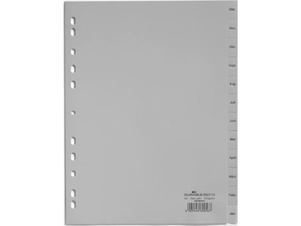 DURABLE - Inndeler - 12 deler - fortrykt: Dez-Jan - for A4 (210 x 297 mm) - med fliker - grå
