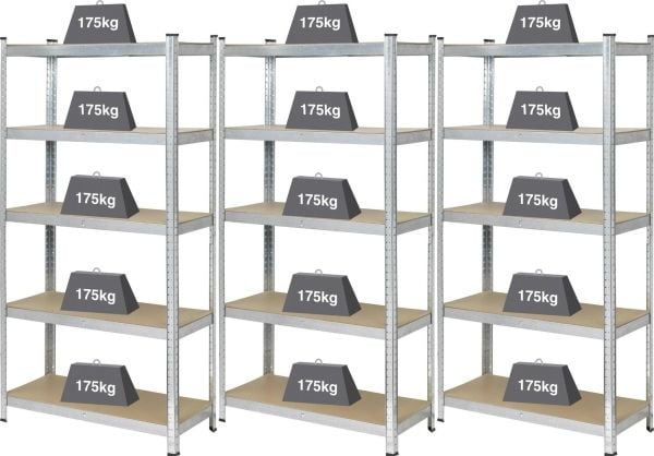 Basetech hylle for tunge gjenstander 175 kg sett med 3 stk. (B x H x D) 900 x 1800 x 400 mm GS metall, MDF tregulv, galvanisert, sølv