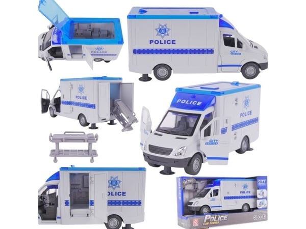 LeanToys politibil ambulansevogn med åpne dører, lyd, lys