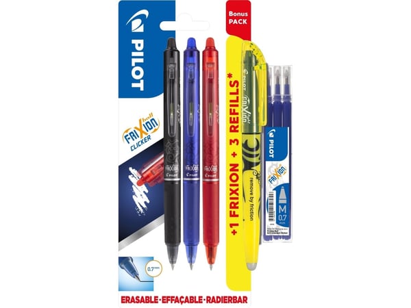 Pilot FriXion Clicker 0,7 mm bonuspakke med 3 stk. assorterte farger - inkl. merkepenn og 3 refiller