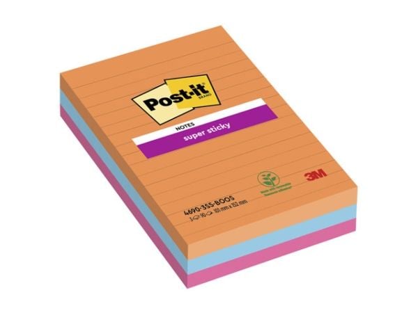 Post-it Super Sticky Notes Boost, linjerede, 101 mm x 152 mm, pakke a 3 stk