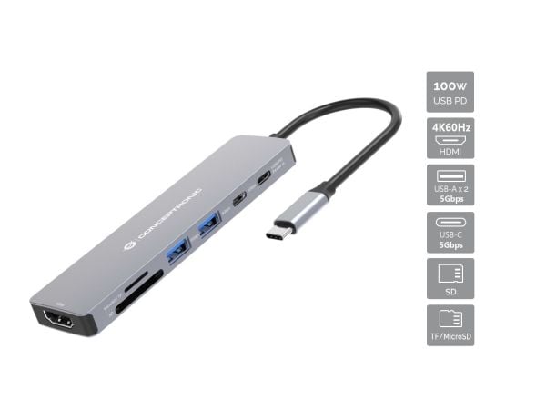 Conceptronic DONN28G, trådbunden, USB 3.2 Gen 1 (3.1 Gen 1) Typ-C, 100 W, Grå, MicroSD (TransFlash), SD, 5 Gbit/sek.