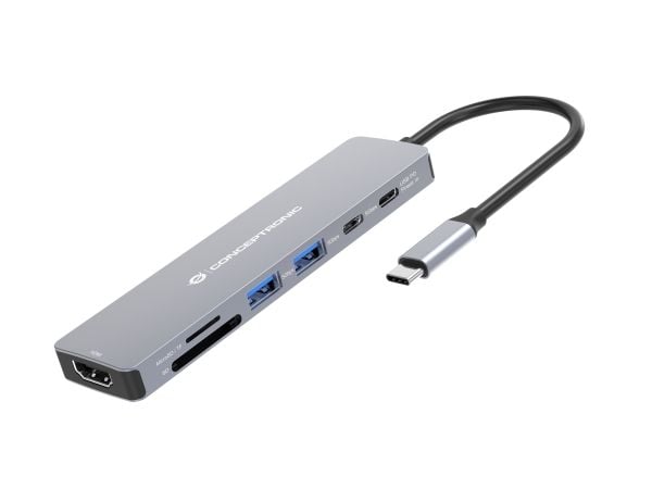 Conceptronic DONN28G, Koblet med ledninger (ikke trådløs), USB 3.2 Gen 1 (3.1 Gen 1) Type-C, 100 W, Grå, MicroSD (TransFlash), SD, 5 Gbit/s