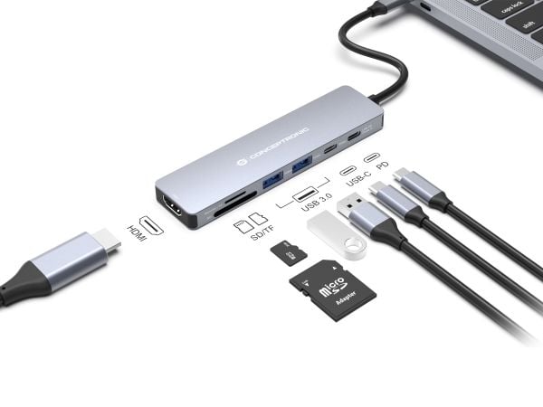 Conceptronic DONN28G, Koblet med ledninger (ikke trådløs), USB 3.2 Gen 1 (3.1 Gen 1) Type-C, 100 W, Grå, MicroSD (TransFlash), SD, 5 Gbit/s