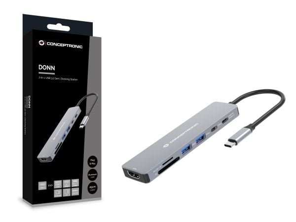 Conceptronic DONN28G, Koblet med ledninger (ikke trådløs), USB 3.2 Gen 1 (3.1 Gen 1) Type-C, 100 W, Grå, MicroSD (TransFlash), SD, 5 Gbit/s