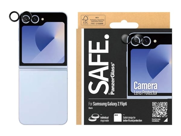 PanzerGlass SAFE. by ® Kameralinsebeskytter for Samsung Galaxy Z Flip6 | Svart, Samsung, Samsung - Galaxy Z Flip6, Tørr applikasjon, Ripebestandig,...