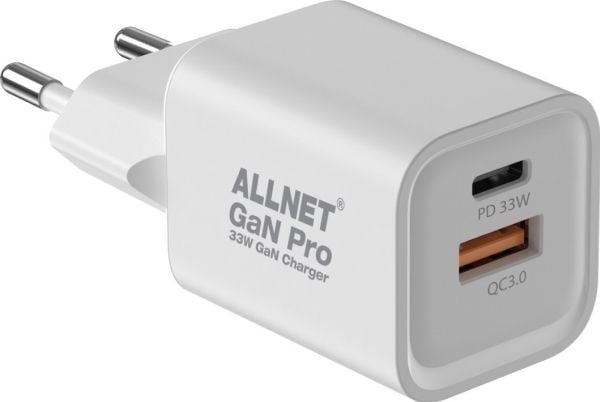 ALLNET QC USB-C PD GaN nettadapter 33 W: 1× USB-A QC, 1× USB-C (PSU-GaNPD-USB-1A1C-33W, EU-støpsel)