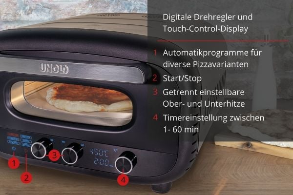 Unold 68805, 1 pizza(er), Svart, Rustfritt stål, 30 cm, Digitalt, 450 °C