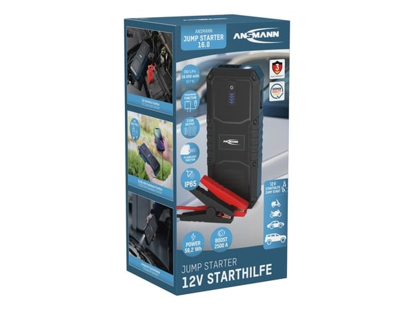 Ansmann Jump Starter 16.0, 2500 A, Sort, Blå, 2500 A, Lithium Polymer (LiPo), 4 Ah, 59,2 Wh