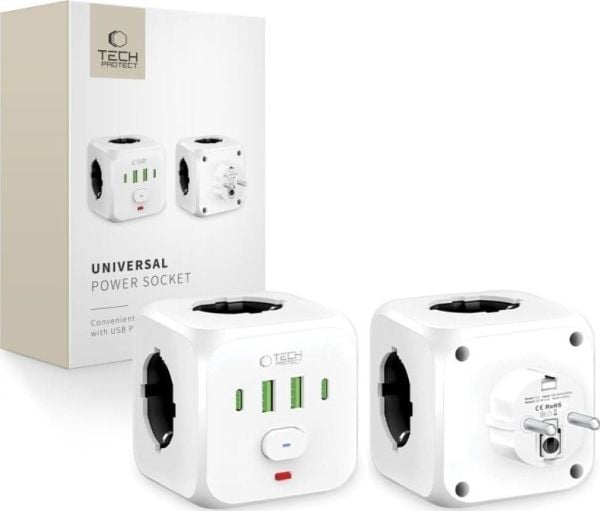 Tech-Protect PCL3x4 strømfordeler, 2x USB-A, 2x USB-C, 3x AC Type Schuko - hvit