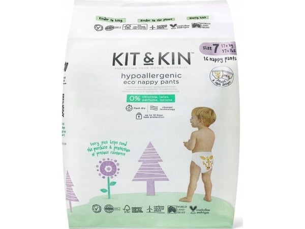 Kit and Kin bleiebukser Nappy Pants 7 XXL (17 kg+), sjiraff/skogdovendyr, 16 stk.