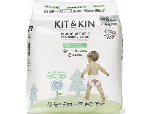 Kit and Kin Nappy Pants str. 6 XL (12–17 kg) pinnsvin/rakett 18 stk