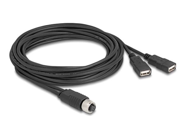 Delock M12-kabel A-kodad 8-polig hona till 2 x USB 2.0 typ-A hona 3 m svart