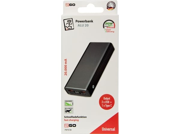 2GO Alu 20, 20000 mAh, Power Delivery, 42,5 W, Sort