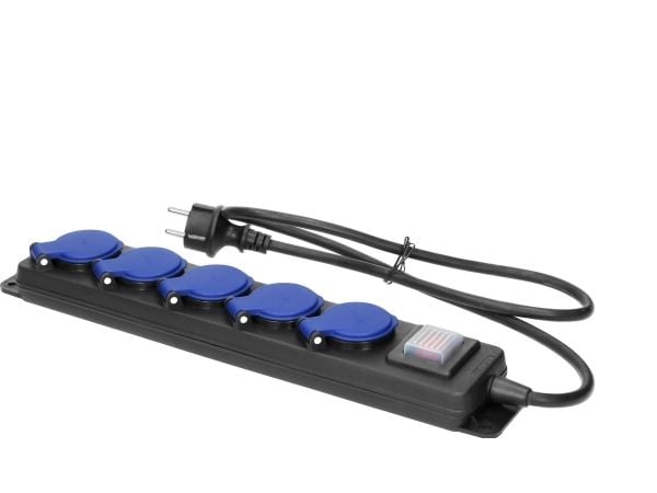 Orno Vilkkumaton työpajan jatkojohto kytkimellä, 5 pistorasiaa 2P + Z, IP44, kumikaapeli, H05RR-F 3x1,5 mm?, pituus 3 m