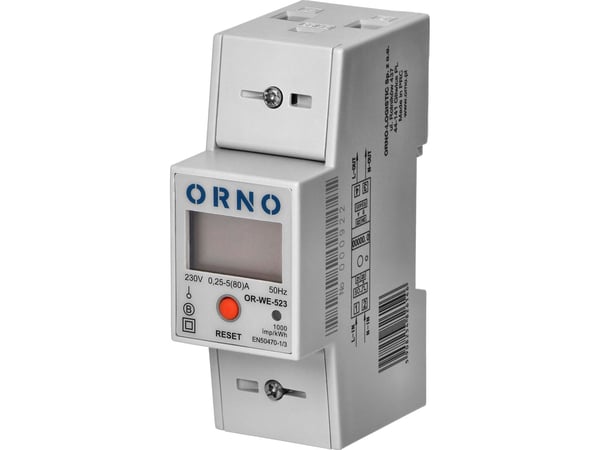 Orno 1-vaiheinen sähkönkulutusmittari, 80A, MID, RS485, lisäilmaisin, pulssilähtö, RESET-painike, 2 moduulia, DIN TH-35mm Orno 1-vaiheinen sähkönkulutusmittari, 80A, MID, RS485, lisäilmaisin, pulssilähtö, RESET-painike, 2 moduulia, DIN TH-35mm