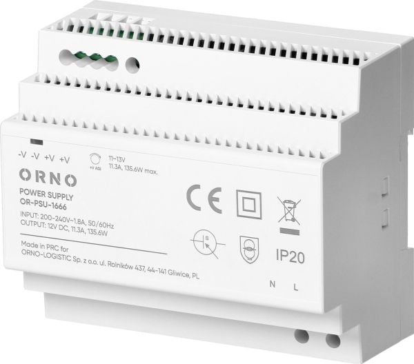 Orno DIN-kiskoon asennettava virtalähde, 12VDC, 11.3A, 135.6W, 6 moduulia