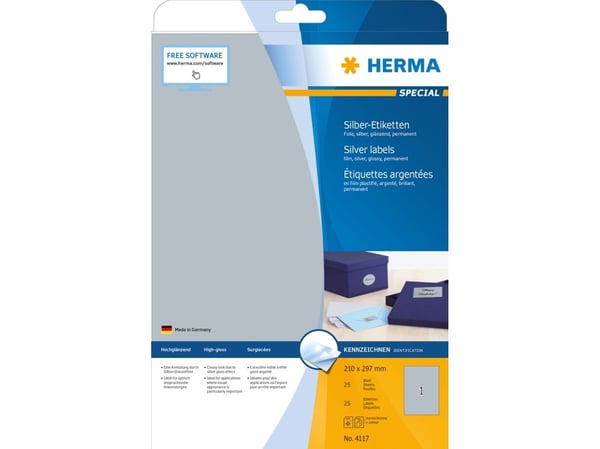 HERMA 4117, Hopea, Itse kiinnittyvä tulostintarra, A4, Polyesteri, Laser, Kiinteä