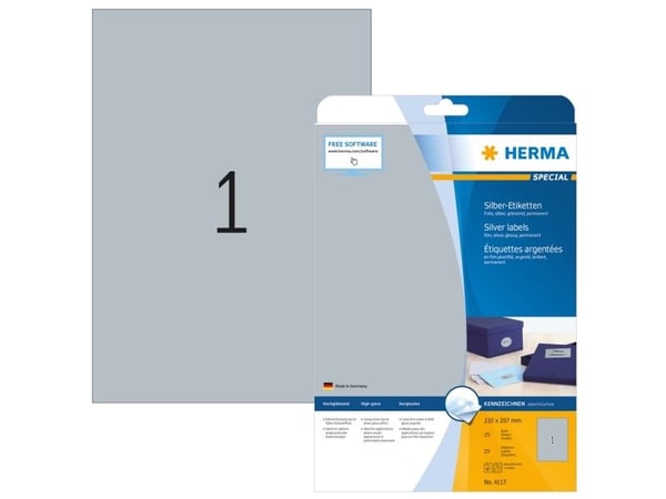HERMA 4117, Hopea, Itse kiinnittyvä tulostintarra, A4, Polyesteri, Laser, Kiinteä