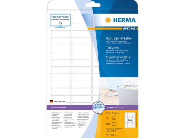HERMA Special - Hvit - 45.7 x 16.9 mm 1600 etikett(er) (25 ark x 64) selvklebende avtakbare matte papirfliketiketter
