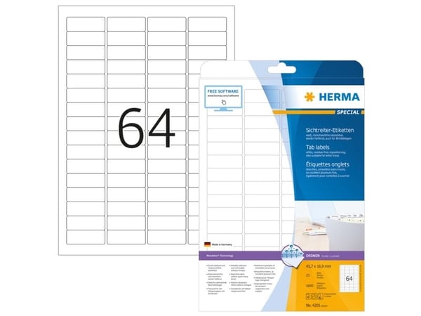 HERMA Special - Hvit - 45.7 x 16.9 mm 1600 etikett(er) (25 ark x 64) selvklebende avtakbare matte papirfliketiketter
