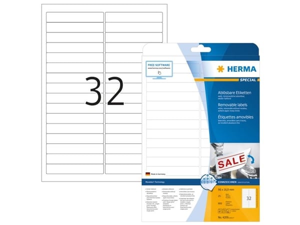 HERMA Special - Papir - matt - fjernbart selv-adhesiv - hvit - 96 x 16.9 mm 800 etikett(er) (25 ark x 32) merkelapper