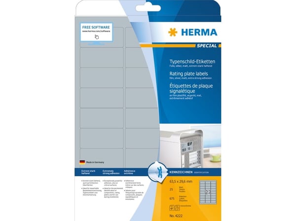 HERMA 4222, Hopea, Pyöristetty suorakulmio, Kiinteä, A4, Polyesteri, Matta