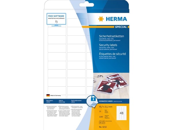 HERMA 4232, Valkoinen, Itse kiinnittyvä tulostintarra, A4, Laser, Kiinteä, Matta