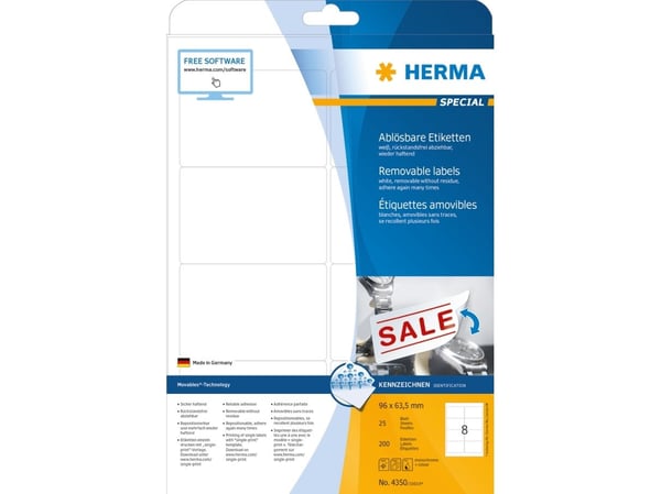 HERMA Special - Papir - matt - fjernbart selv-adhesiv - hvit - 96 x 63.5 mm 200 etikett(er) (25 ark x 8) merkelapper