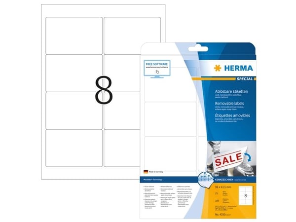 HERMA Special - Papir - matt - fjernbart selv-adhesiv - hvit - 96 x 63.5 mm 200 etikett(er) (25 ark x 8) merkelapper