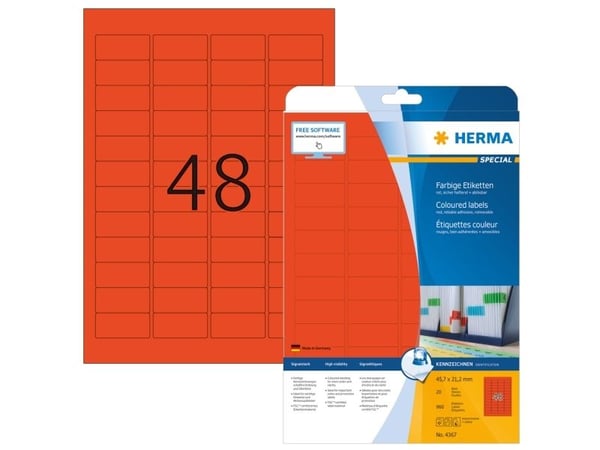 HERMA Special - Papir - matt - permanent selv-adhesiv - rød - 45.7 x 21.2 mm 960 etikett(er) (20 ark x 48) merkelapper