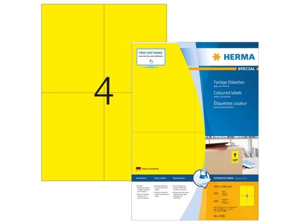 HERMA Spesial - Papir - matt - permanent selvklebende - gul - A6 (105 x 148 mm) 400 etikett(er) (100 ark x 4) etiketter