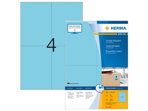 HERMA Special - Papper - matt - permanent självhäftande - blå - A6 (105 x 148 mm) 400 etikett (er) (100 ark x 4) etiketter