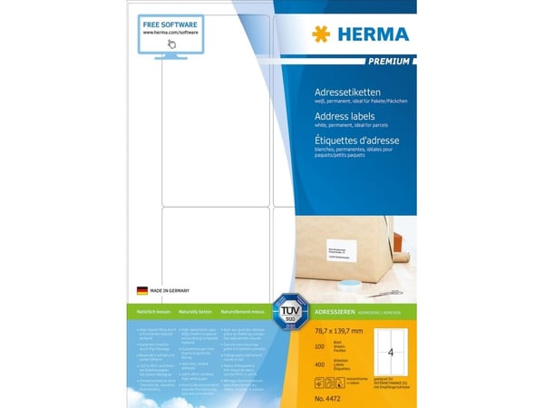 HERMA Premium - Papir - matt - permanent selv-adhesiv - hvit - 139.7 x 78.7 mm 400 etikett(er) (100 ark x 4) laminerte adresseetiketter