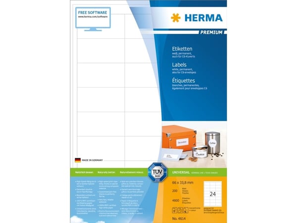 HERMA Premium - Papir - matt - permanent selv-adhesiv - hvit - 66 x 33.8 mm 4800 etikett(er) (200 ark x 24) laminerte etiketter