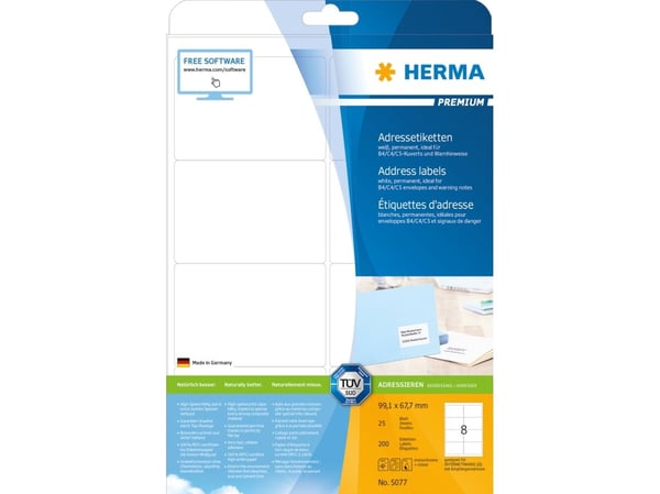 HERMA Premium - Papir - matt - permanent selv-adhesiv - hvit - 99.1 x 67.7 mm 200 etikett(er) (25 ark x 8) laminerte adresseetiketter