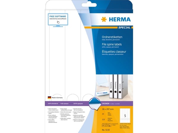 HERMA Special - Papir - matt - permanent selv-adhesiv - hvit - 38 x 297 mm 125 etikett(er) (25 ark x 5) opake arkivmappeetiketter