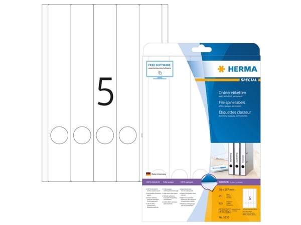 HERMA Special - Papir - matt - permanent selv-adhesiv - hvit - 38 x 297 mm 125 etikett(er) (25 ark x 5) opake arkivmappeetiketter
